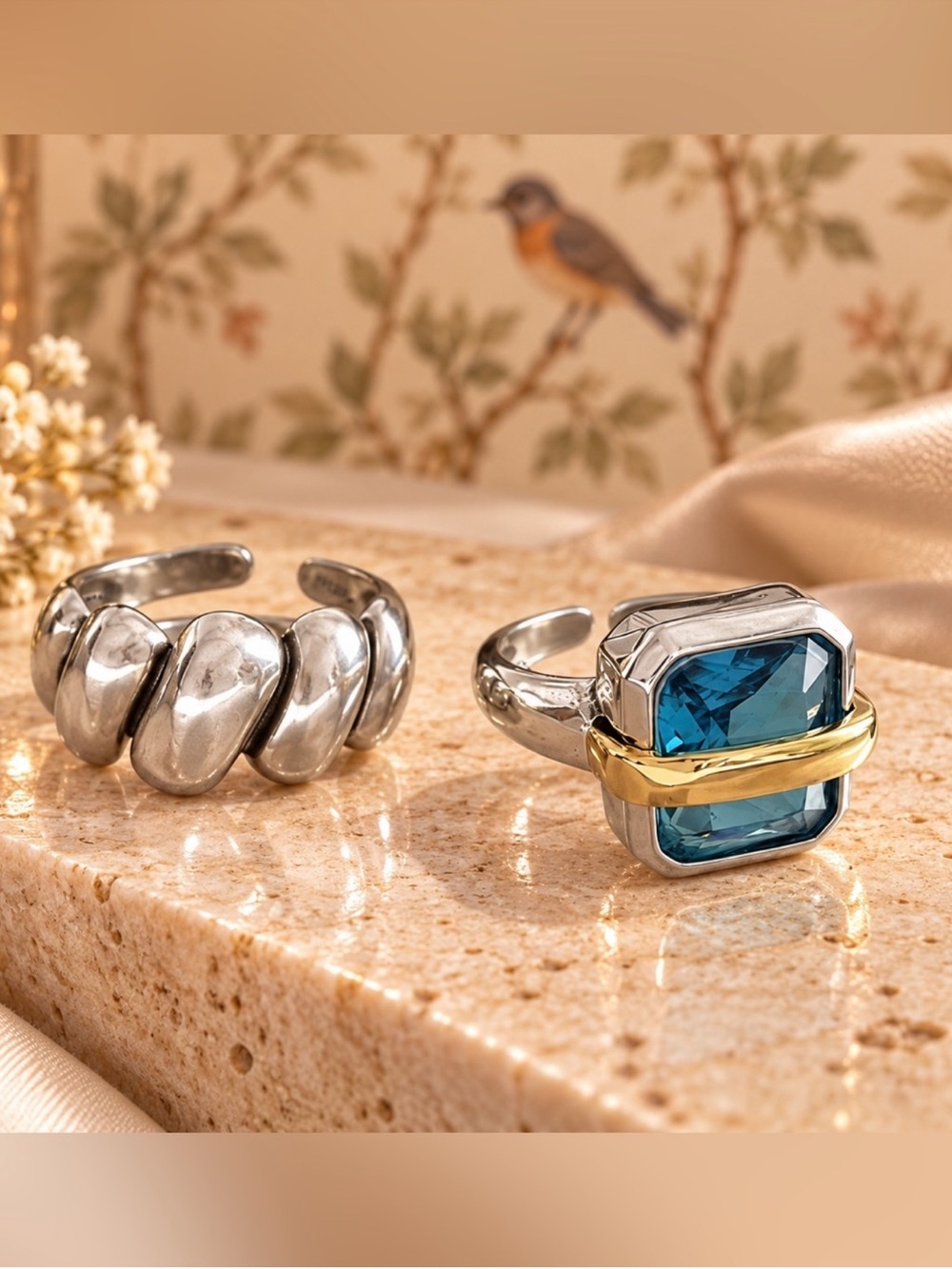 Two Tone Blue Crystal Statement Ring Set